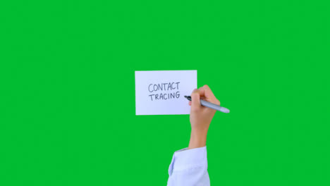 Arzt-Schreibt-Kontaktverfolgung-Auf-Papier-Mit-Grünem-Bildschirm